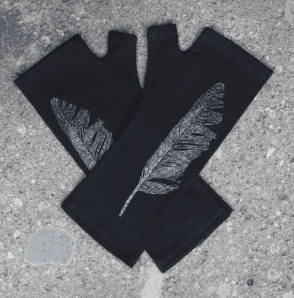 Merino Black Feather Print Fingerless Gloves - Kate Watts 